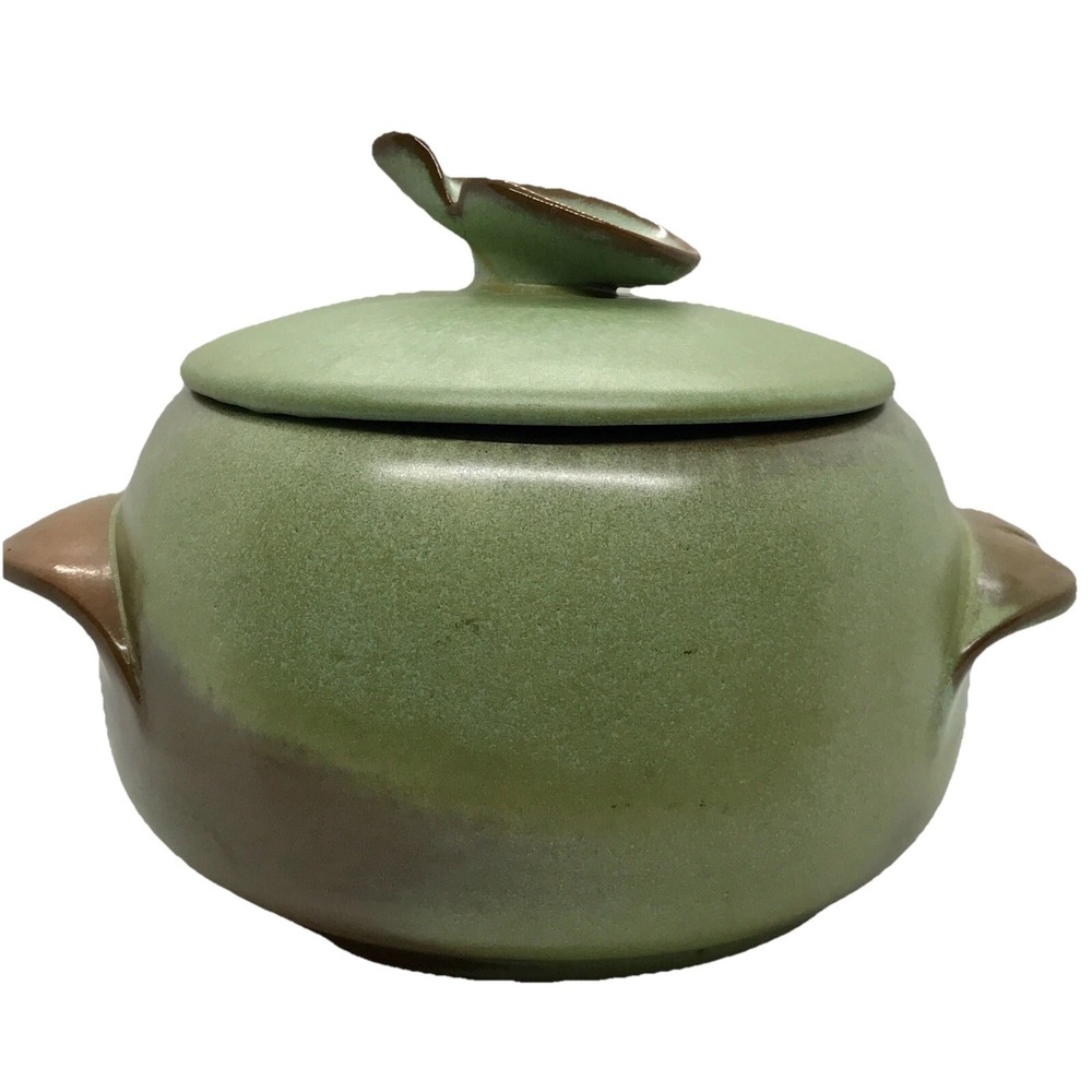 VINTAGE FRANKOMA # 4V BEAN POT CASSEROLE BAKER GREEN BROWN
